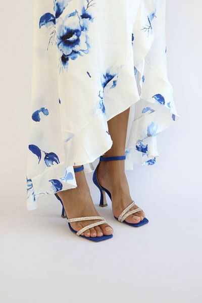 Aslının Butiği Sandale Saks Blue Suede Stone Piping