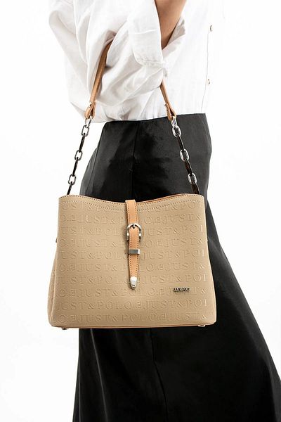 Just Polo Women's Cream Tan Embossed Printed Patterned Zipper Closure Vegan Shoulder and Hand Bag 4019