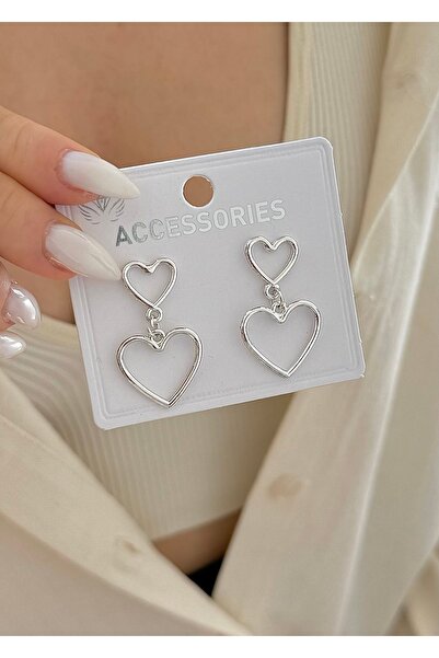 takıtarzım Double Heart Dangle Silver Earrings