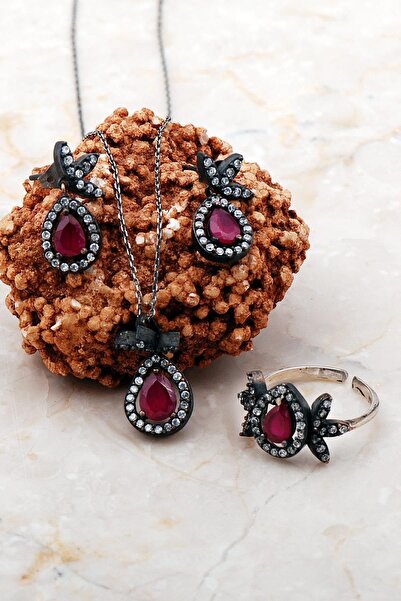 Sümer Telkari Damla Yakut Taşlı Elişi Gümüş Set 2222