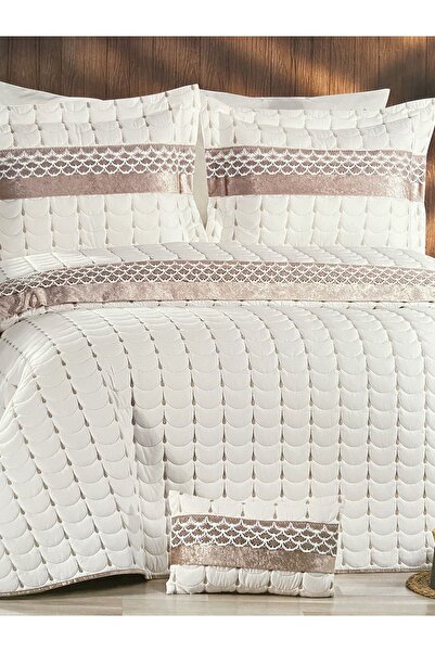 Brillant Store Çeyizlik Mikro Kumaş Dantelli Kapitone Dikişli Çift Kişilik Yatak Örtüsü Krem Kapiçino