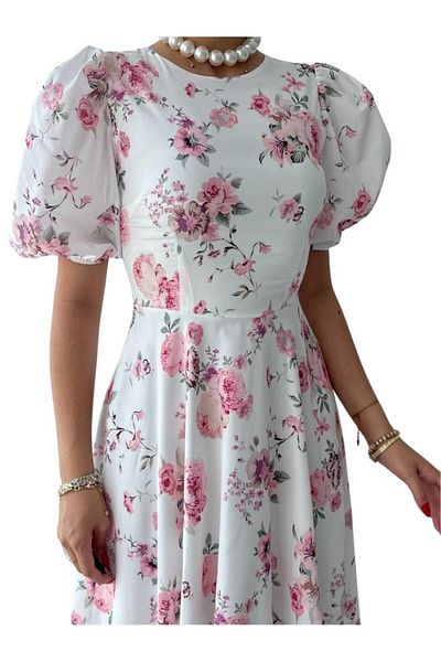 WOMAN VISION Crew neck Balloon Sleeve Pink Floral Patterned Women's Dress