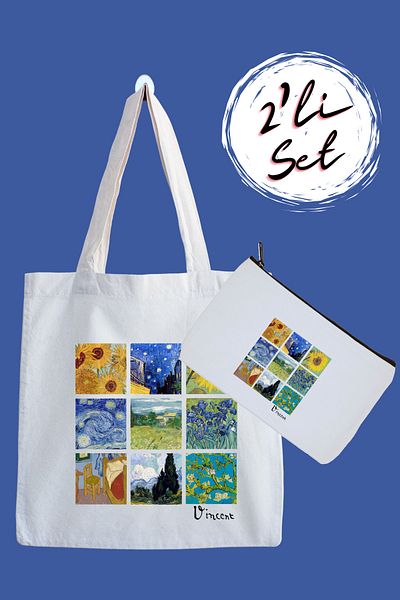 designedfy Van Gogh 2 Printed Collage Cloth Bag and Pen Holder Set