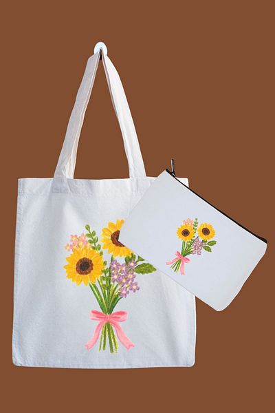 designedfy Yellow Daisy Flower Patterned Cloth Bag and Pen Holder Set
