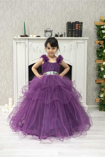 FR Shop Girl's Flannel Fluffy Silver Belt Detailed Double Handkerchief Skirt with Ruffles on the Shoulders 2024 New Season