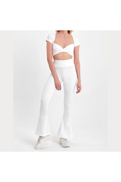 Mi&Mu Store Women's White Diving Fabric Spanish Leg Trousers High Waist Recovery