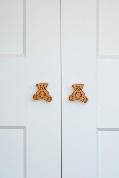 Üreet Teddy Bear Patterned (2 Pcs) Baby Kids Room Wooden Furniture Cabinet Drawer Handle