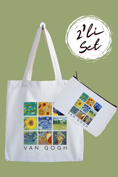 designedfy Van Gogh Collage Pattern - Cloth Bag and Pen Holder Set