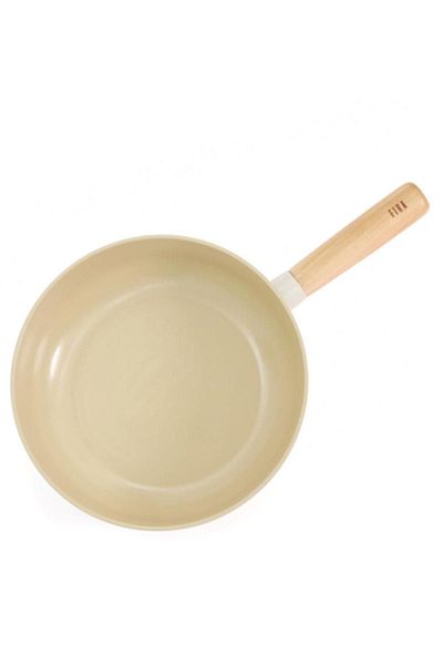 NEOFLAM 26 Cm Cast Iron Wooden Handle Wok Pan Beige D-neof126w