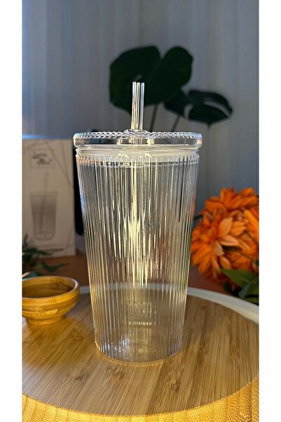 Genel Markalar Origami Çizgili Vakum Kapaklı Pipetli Cam Meşrubat Bardağı 500 ml