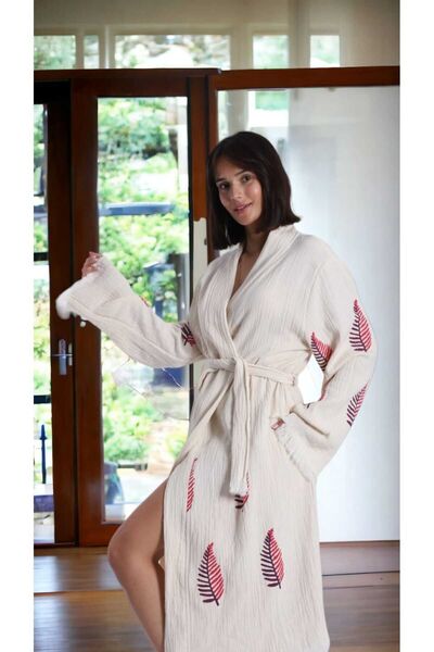 SEMTEKSTİL Leaves pattern müslin kimono&kaftan bornoz, gizli cepli
