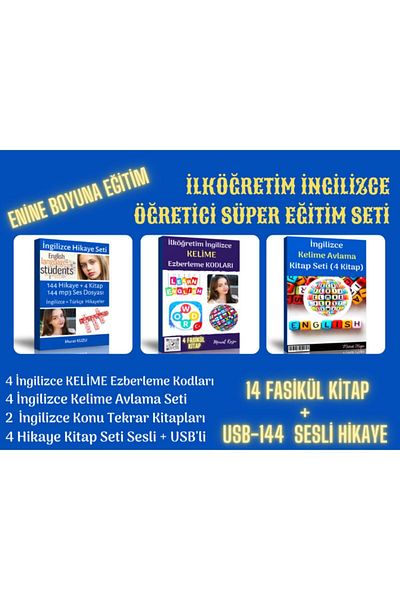 Enine Boyuna Eğitim مجموعة التدريب الابتدائية الفائقة - تدريس اللغة الإنجليزية، 14 كتابًا و144 قصة USB