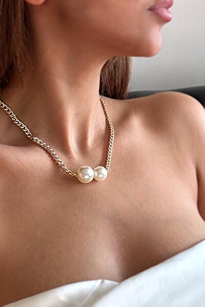 New Obsessions İki Incili Kalın Zincir Choker Kolye