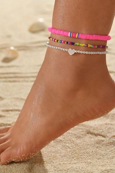 New Obsessions 3-Piece Fimo Beaded Heart Marine Anklet Set