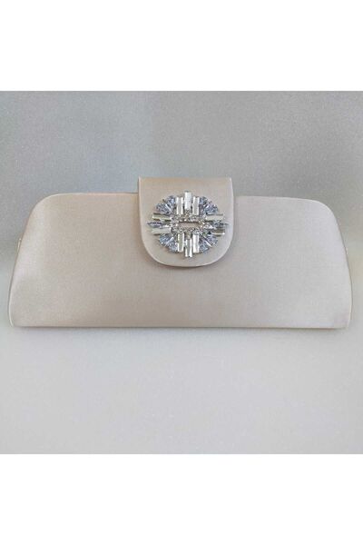 bsc حقيبة سهرة من حجر الساتان البيج اللامع