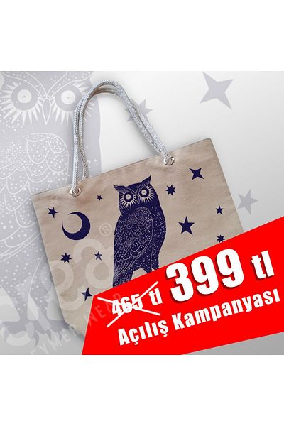 Crea Eymer Wear Βαμβακερή τσάντα παραλίας με μοτίβο κουκουβάγιας