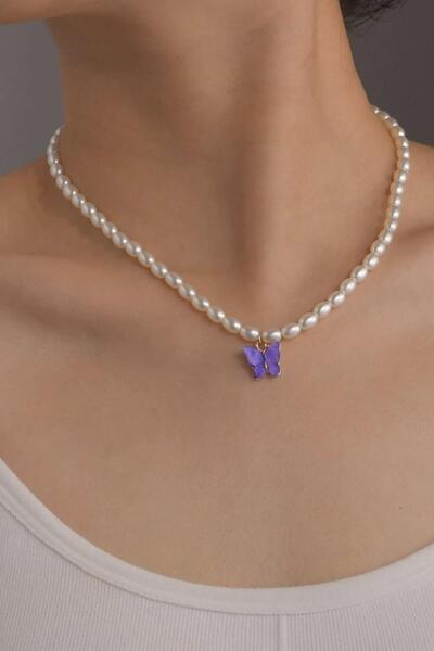 New Obsessions Butterfly Pendant Glass Pearl Necklace