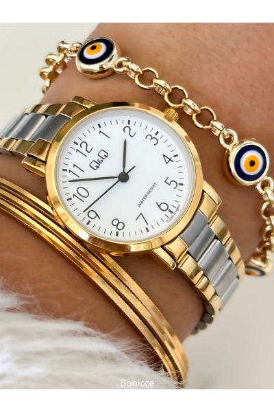 Q&Q Gold Colored Steel Cord Evil Eye Beaded Women's Wristwatch and Bracelet