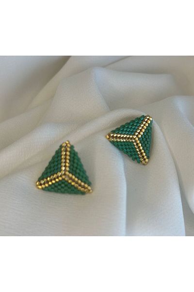 Baykuşca Green and Gold Colored Miyuki Earrings - Triangle Design, Marine Handmade