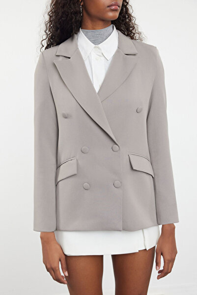 Trendyol Collection Gray Woven Blazer Jacket - Double Breasted Closure, Lined TWOSS21CE0137