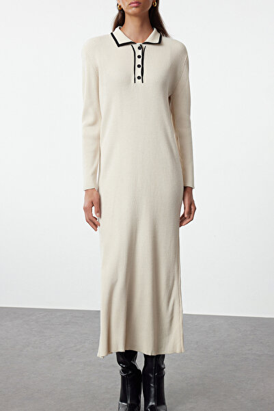 Trendyol Modest Πέτρινο πλεκτό φόρεμα πόλο με κουμπιά πέτρας TCTAW25EB00044