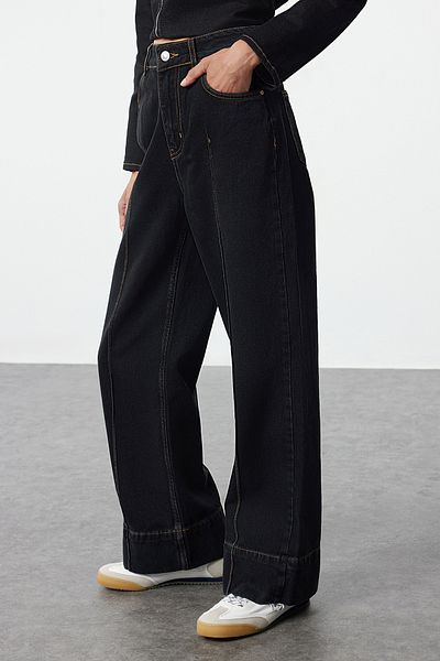 Trendyol Collection High Waist Black Ribbed Wide Leg Jeans - TWOAW25JE00182