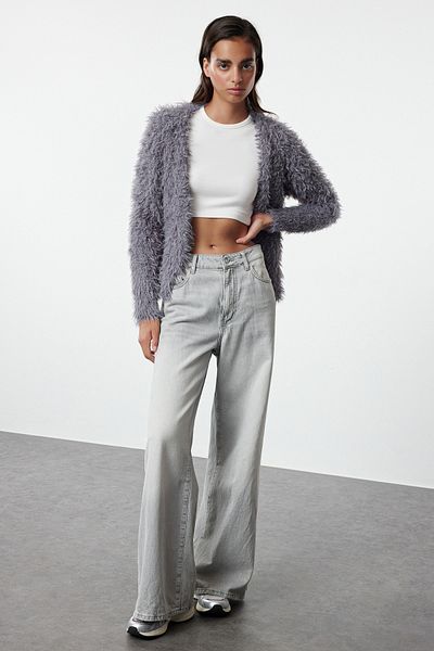 Trendyol Collection Soft Textured Anthracite Knitwear Cardigan - Furry Coat Look Twoaw25Hi00326