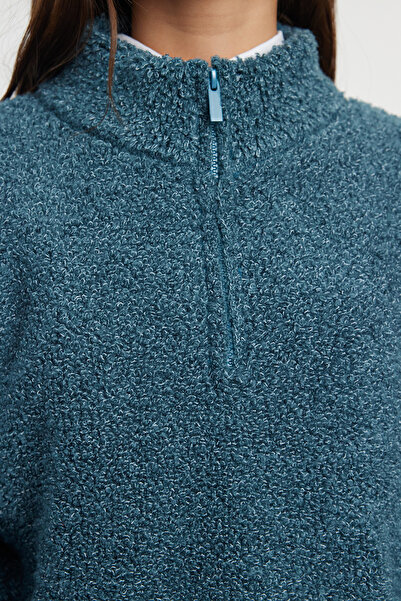 Trendyol Collection Pulover tricotat cu guler vertical cu fermoar din fire albastre TWOAW25KZ00068