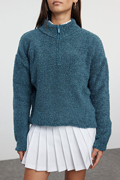 Trendyol Collection Pulover tricotat cu guler vertical cu fermoar din fire albastre TWOAW25KZ00068