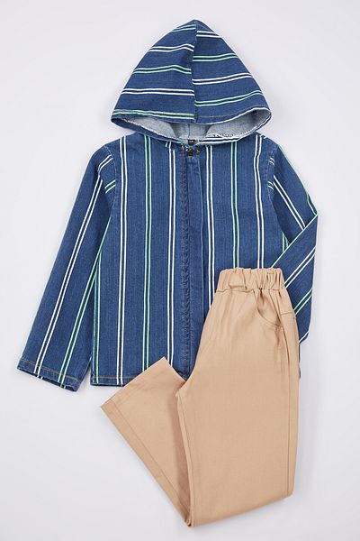 TRENDYOLKIDS Blue 2-Piece Boy's Hooded Jacket-Pants Set Cotton Knitted Bottom-Top Suit Tkdaw25Au00046