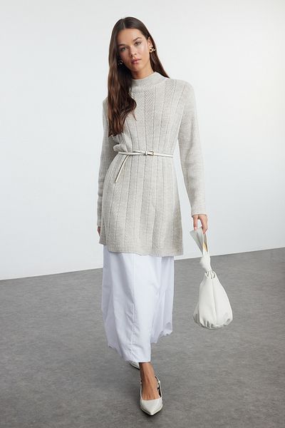 Trendyol Modest Strickpullover mit Fischrückenmuster in Stein - TCTAW25AK00040