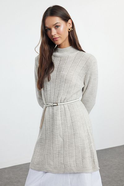 Trendyol Modest Strickpullover mit Fischrückenmuster in Stein - TCTAW25AK00040