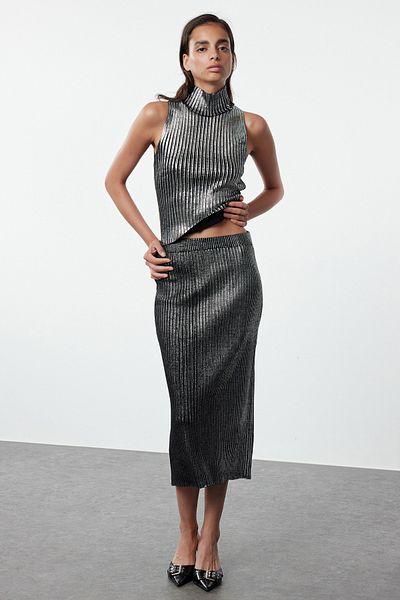 Trendyol Collection Gray Foil Patterned Knitwear Set - Lower & Upper Twoaw25Au00067