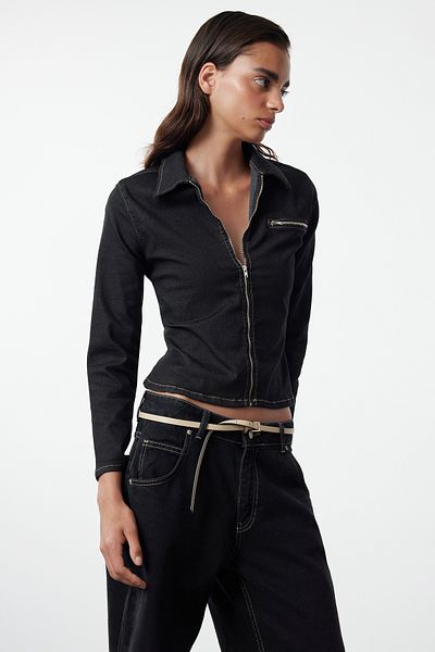 Trendyol Collection Черно дънково яке с цип - TWOAW25CE00029