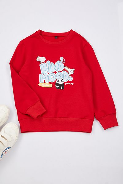 TRENDYOLKIDS سويت شيرت محبوك باللون الأحمر للفتيات - رقبة دائرية، نمط وشعار TKDAW25SW00041