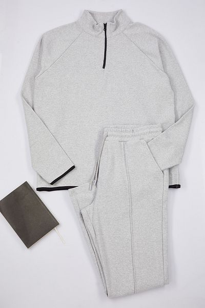 Trendyol Collection Graues, osmanisches, strukturiertes, gestricktes Pyjama-Set für Herren mit Übergröße TMNAW25PT00016