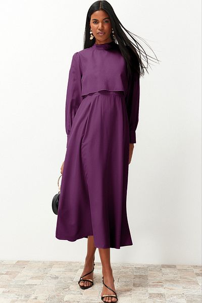 Trendyol Modest Gewebtes dunkelviolettes Kleid - Aller Piece Detailed TCTSS24EB00190