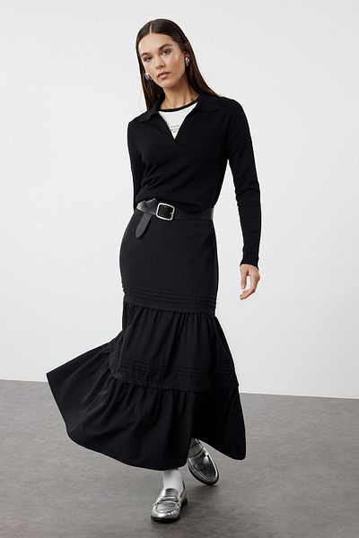 Trendyol Modest Hosszú fekete szőtt szoknya - vágott szoknya TCTAW25EE00000