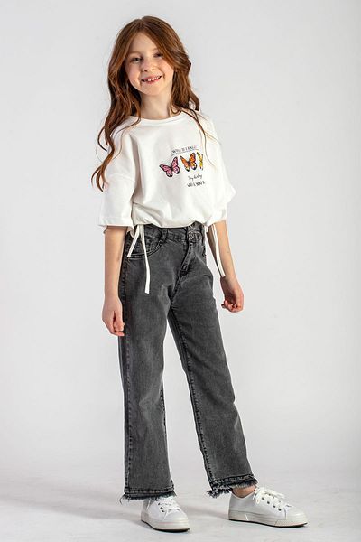 zepkids High Waist Elastic Wide Paca Gray Color Girl's Jeans Trousers