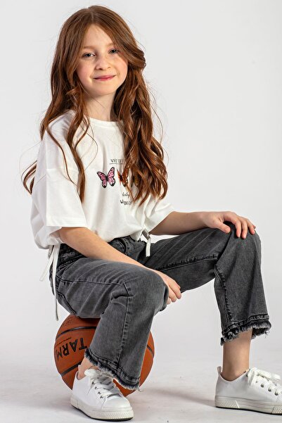 zepkids High Waist Elastic Wide Paca Gray Color Girl's Jeans Trousers