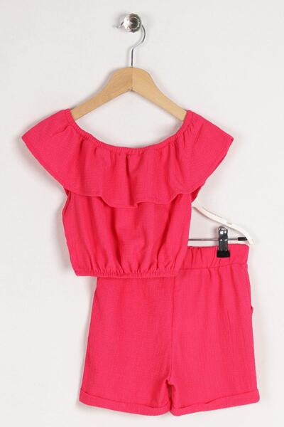 zepkids Boat Neck Shoulder Detailed Ruffle Sleeve Elastic Waist Pocket Detailed Fuchsia Color Girl's Sorted Set