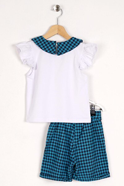 zepkids Baby Collar Ruffle Sleeve Checkered Waist Belted Sleeve Frilly Saxe Color Girl's Sorted Set