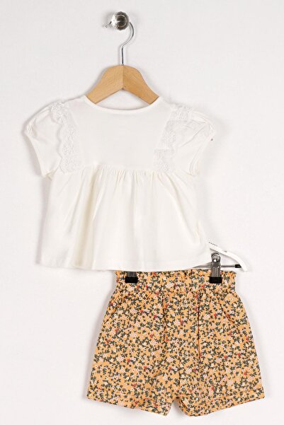 zepkids Crew Neck Short Sleeve Watermelon Sleeve Detail Lace Mustard Color Girl's Shorts Set