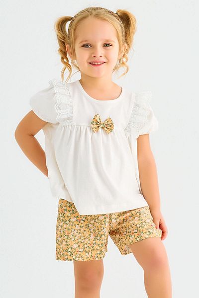 zepkids Crew Neck Short Sleeve Watermelon Sleeve Detail Lace Mustard Color Girl's Shorts Set