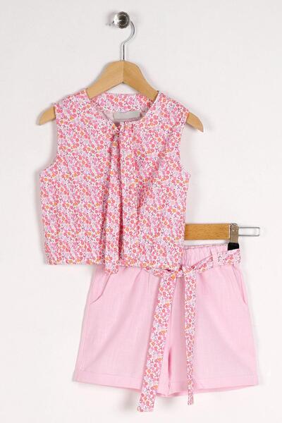 zepkids Crew Neck Zero Sleeve Cıcek Patterned Collar Lace Up Pink Color Girl'...