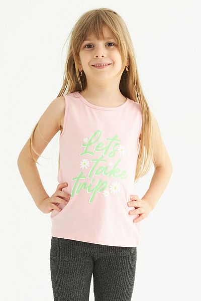 zepkids Tricou pentru fete de culoare roz cu imprimeu Lets Takae Trip cu mânecă zero