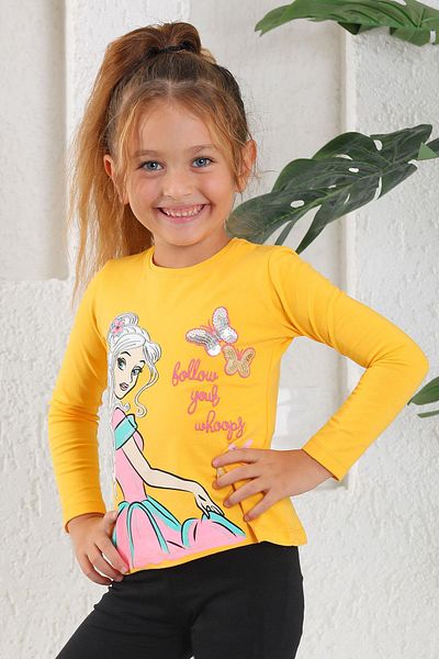 zepkids Tricou pentru fetiță, cu mânecă lungă, cu decolteu turn, cu paiete brodate, culoare muștar