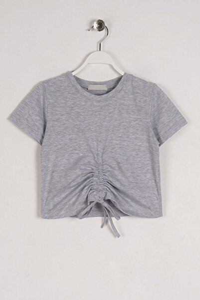 zepkids Κοριτσίστικο μπλουζάκι με λαιμόκοψη με μισό μανίκι με δαντέλα με λεπτομέρειες σε γκρι μελανζέ χρώμα