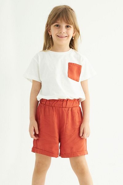 zepkids Ecru Tan Colored Girl's Shorts Set - Crew Neck, Short Sleeve, Front Pocket Detail