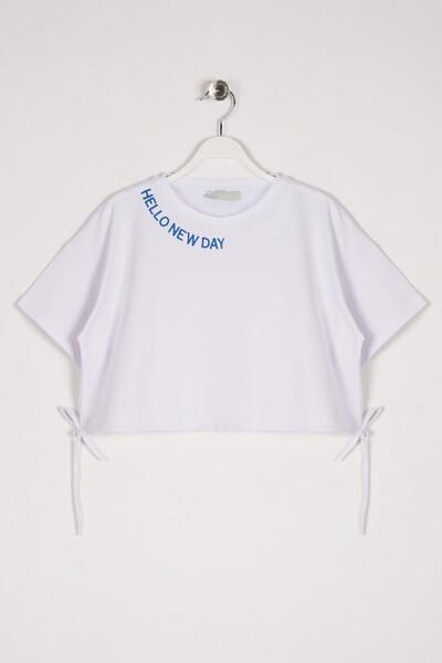 zepkids Велосипедний комір, короткий рукав, напис «Hello New Day», білий колір, дівчача футболка з ремінцем на талії